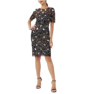 Adrianna Papell Sequined Floral Midi Sheath Cocktail Dress Sparkly Black Size 4
